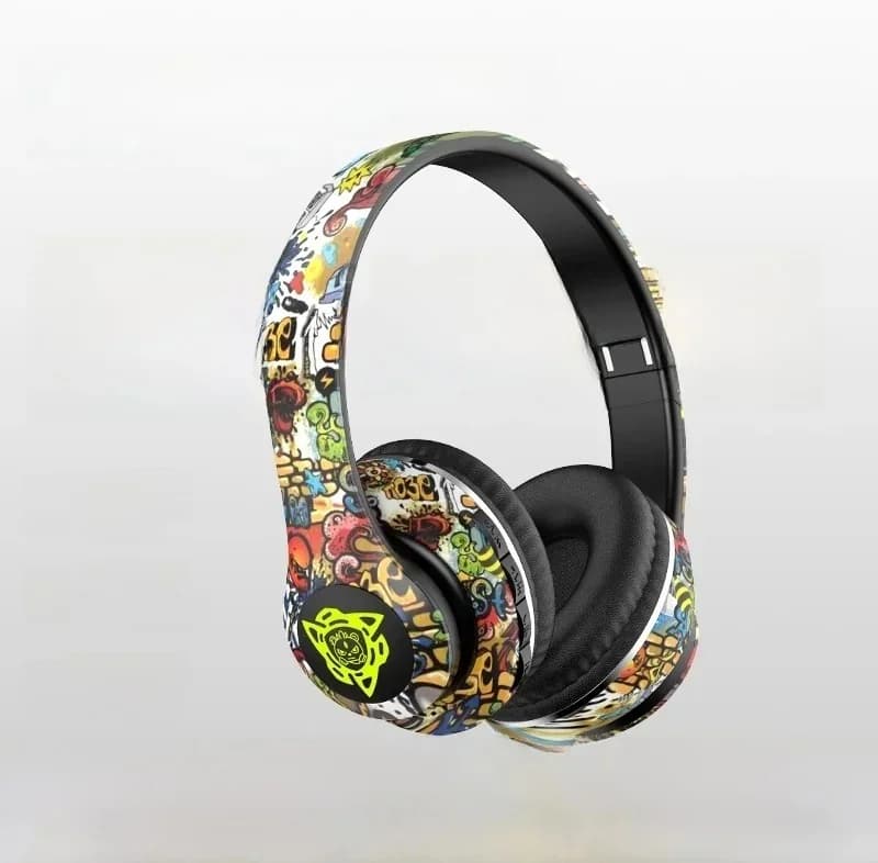 Fone de Ouvido Sem Fio Over-Ear Estilo Graffiti com Rádio FM e Slot para Cartão TF