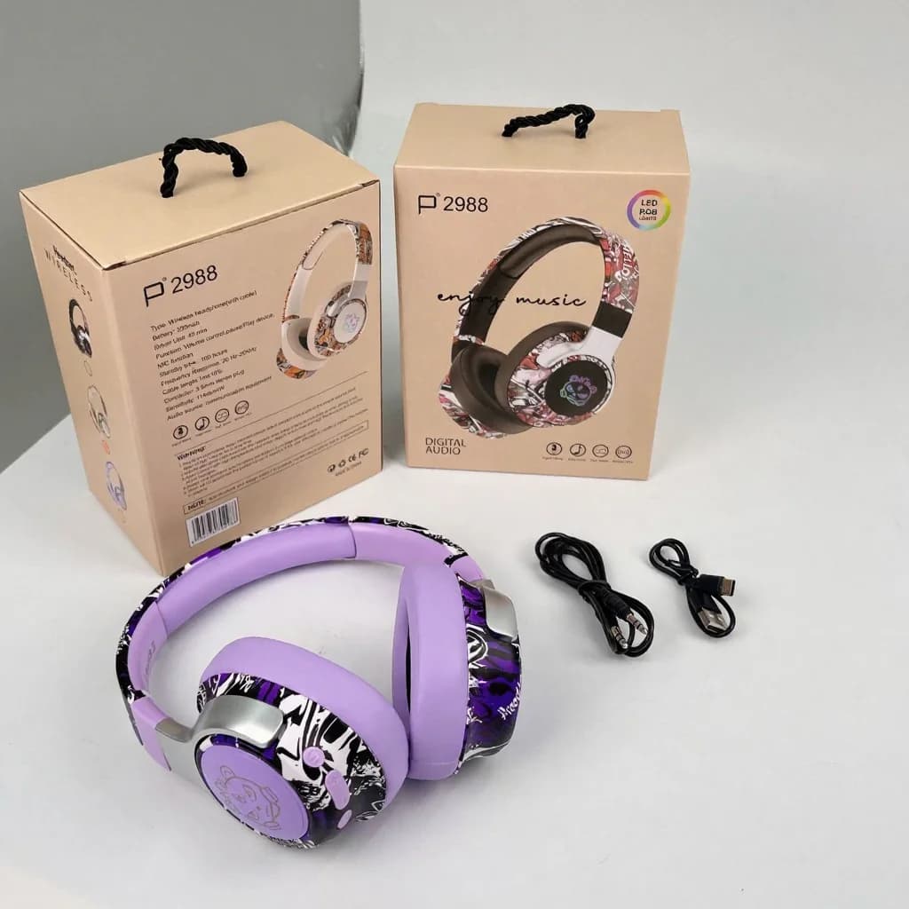 Fones de Ouvido Bluetooth Over-Ear Graffiti com Luzes RGB e Microfone
