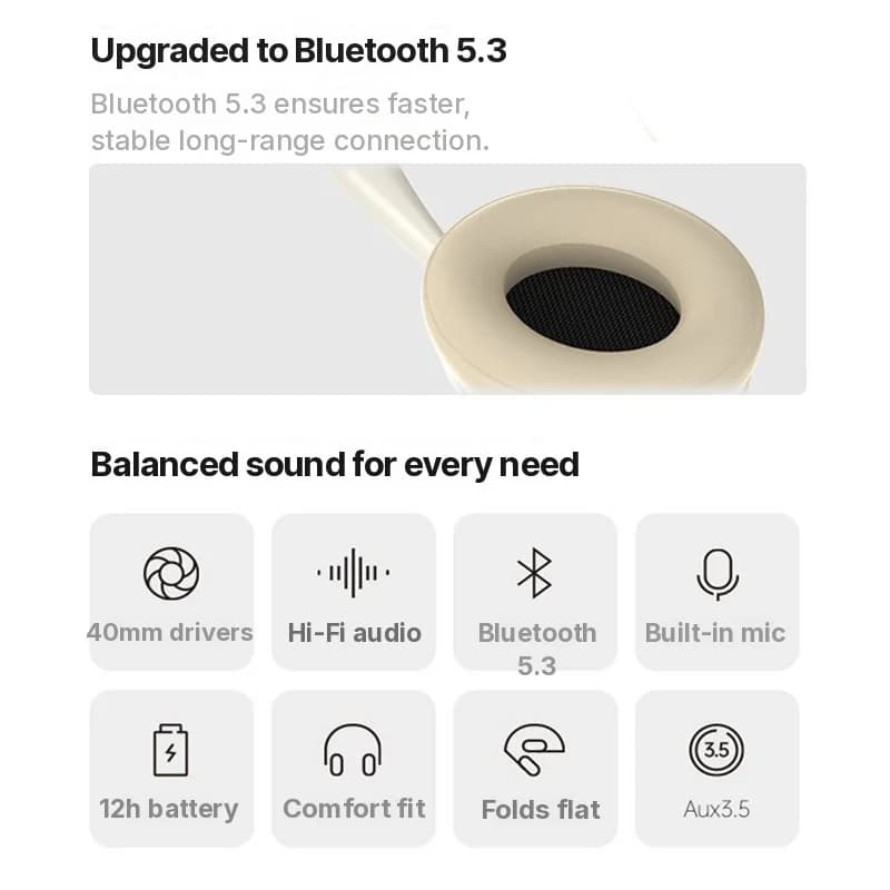 Fone de Ouvido Sem Fio Over-Ear com Rádio FM e Slot para Cartão TF