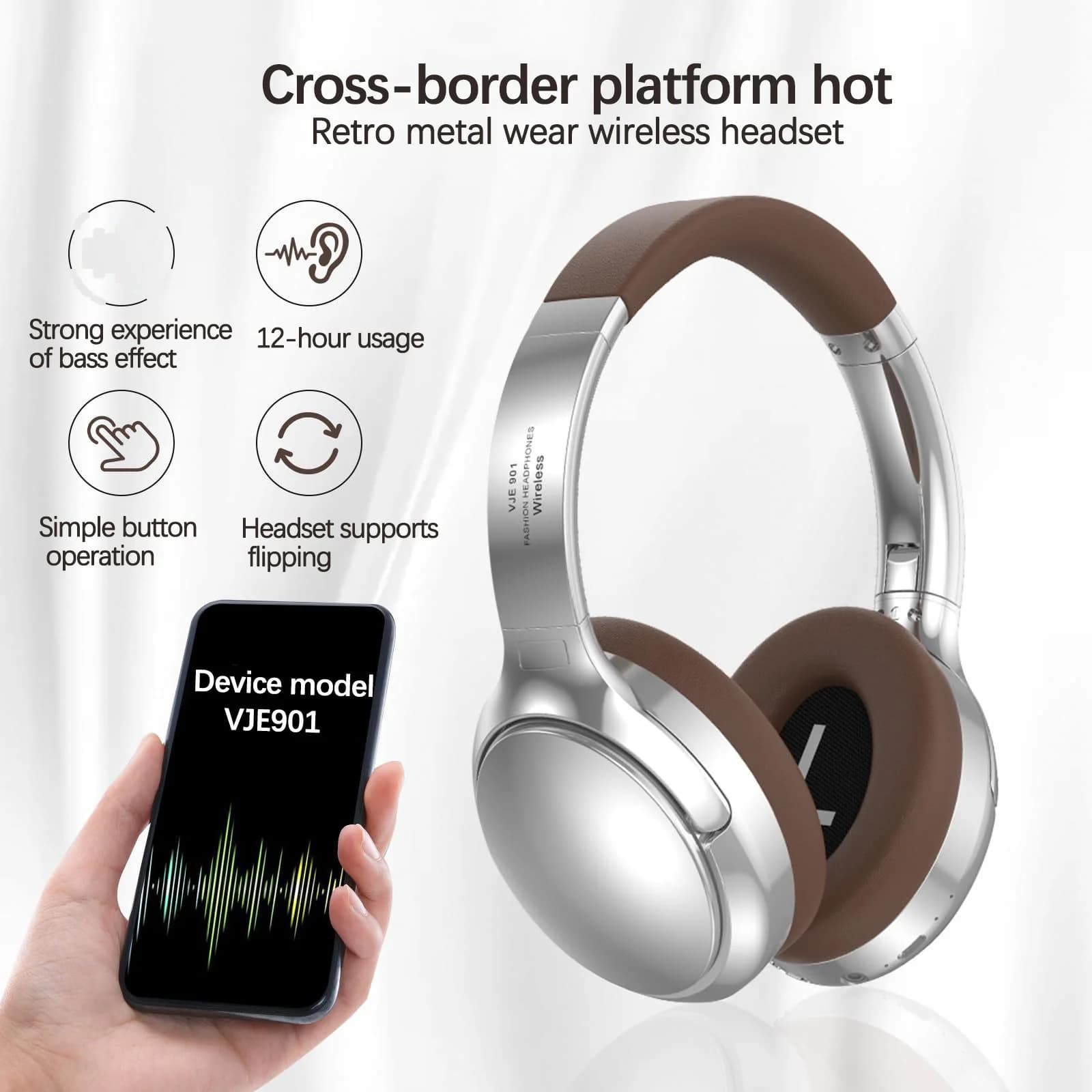 Fones de Ouvido Bluetooth Sem Fio Retrô Over-Ear Estéreo com Microfone