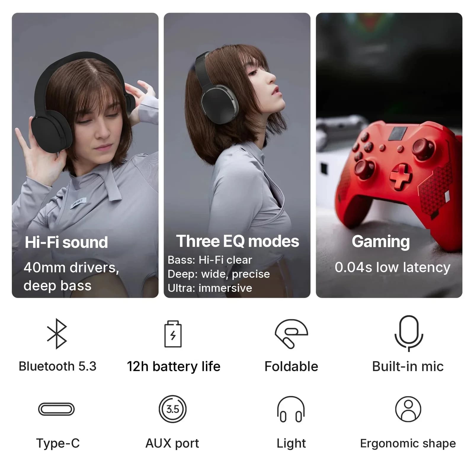 Fones de Ouvido Bluetooth Sem Fio Over-Ear com Três Modos EQ e Microfone