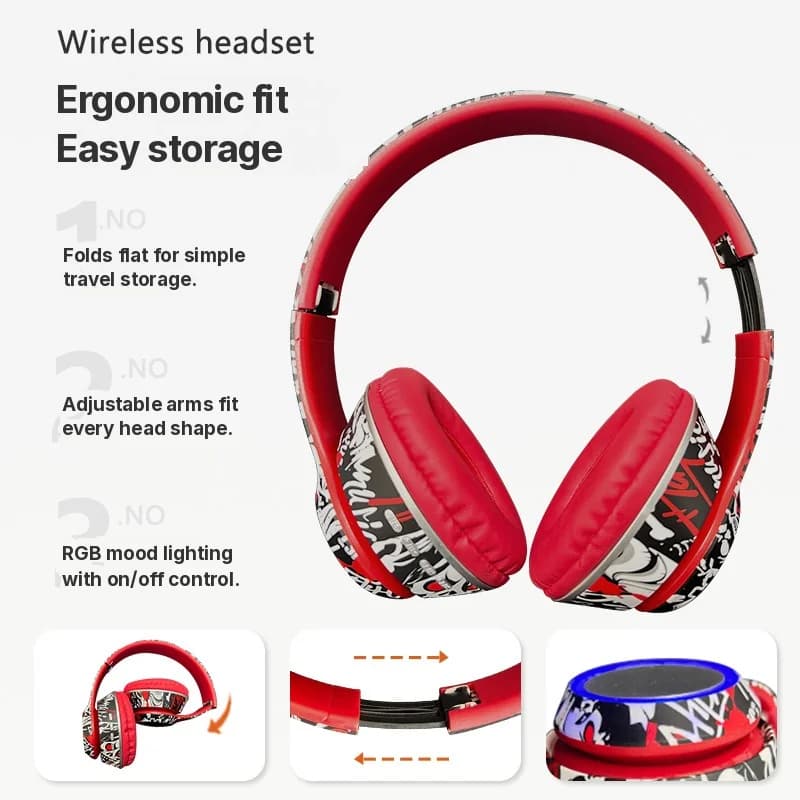 Fone de Ouvido Bluetooth Supra-auricular Graffiti com Luzes LED e Graves Profundos