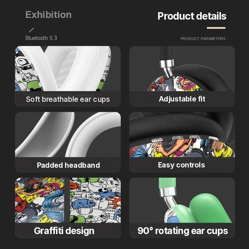 Fones de Ouvido Sem Fio Over-Ear Graffiti com Rádio FM e Slot para Cartão TF
