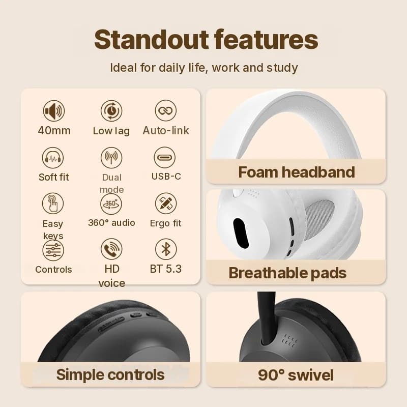 Fone de Ouvido Bluetooth Wireless Over-Ear com Microfone e Cabo de Áudio 3,5mm
