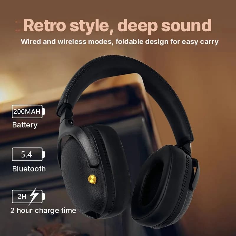 Fones de Ouvido Sem Fio Over-Ear Retrô com Carregamento Type-C e Slot para Cartão TF
