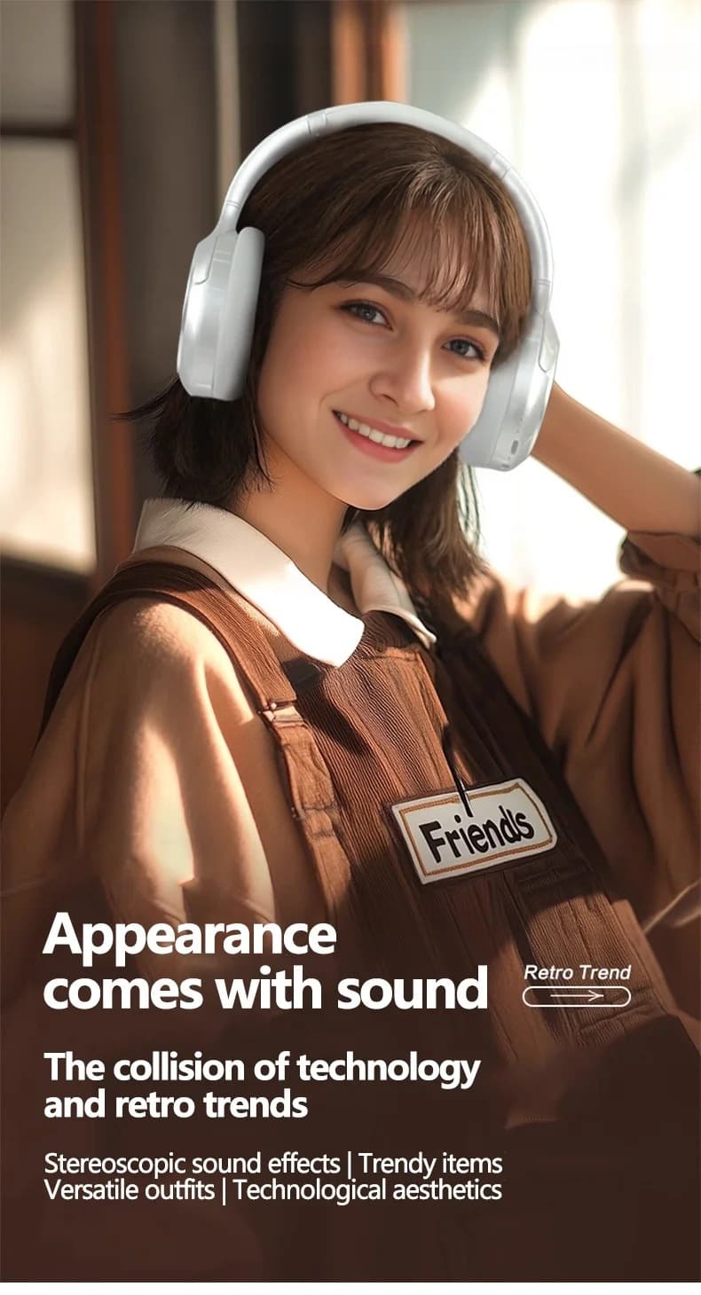 Fones de Ouvido Bluetooth Sem Fio Retrô Over-Ear Estéreo com Microfone